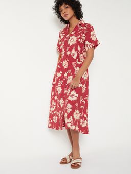 max - Women Red Floral Half Sleeves Dress