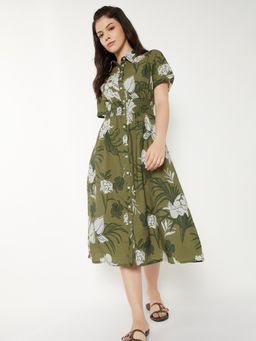 max - Women Olive Floral Half Sleeves Dress
