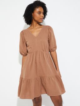 max - Women Brown Solid/Plain Half Sleeves Dress