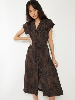 max - Women Brown Printed Half Sleeves Dress with Belt