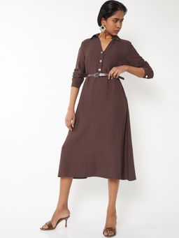 max - Women Brown Solid/Plain Three Fourth Sleeves Dress with Belt