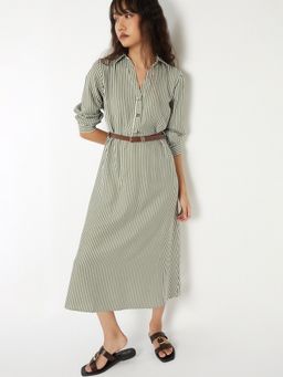 max - Women Green Stripes Three Fourth Sleeves Dress