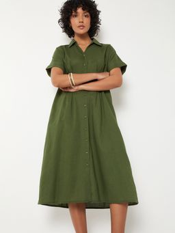 max - Women Olive Solid/Plain Three Fourth Sleeves Dress