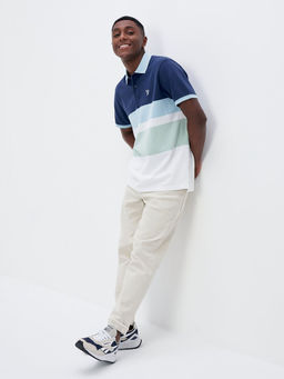 American Eagle - Men Navy Blue Striped Polo T-Shirt