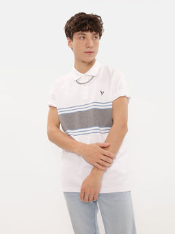 American Eagle - Men White Striped Pique Polo T-Shirt