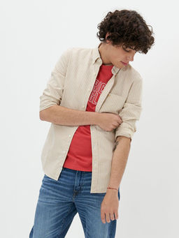 American Eagle - Men Beige Striped Oxford Button Up Shirt