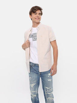 American Eagle - Men Beige Short Sleeve Everyday Oxford Button Up Shirt