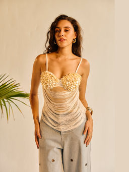 Lea Clothing - Women Isla Beige Embroidered Palette Fringe Top