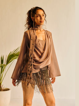 Lea Clothing - Women Vivienne Brown Draped Top and Hand-Embrodiered Scraf