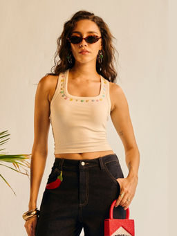 Lea Clothing - Women Beige Candy Jelly Button Embroidered Tank Top