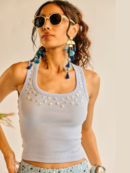 Lea Clothing - Women Blue Button Embroidered Daisy Tank Top