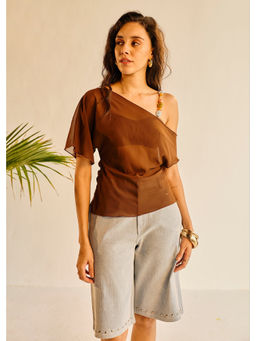 Lea Clothing - Women Coco Brown Beaded Bralette and Sheer Top