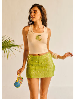 Lea Clothing - Women Kaacha Aam Beige Hand-Beaded Cotton Tank Top