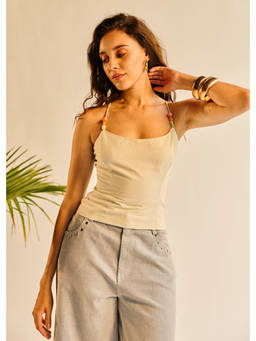Lea Clothing - Women Sage Green Embellished Linen Sabrina Top