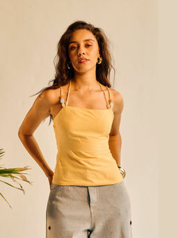 Lea Clothing - Women Yellow Linen Beaded Top