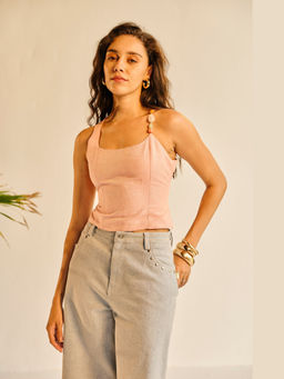 Lea Clothing - Women Aamras Pink Embellished One Shoulder Crop Top