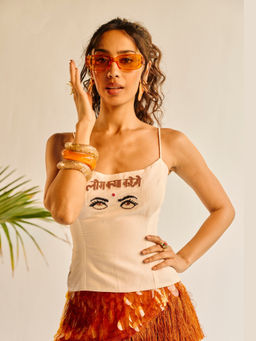 Lea Clothing - Women Log Kya Kahenge Beige Hand-Beaded Linen Top
