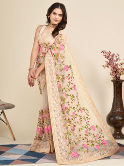 VAIRAGEE - Soft Net Cream Saree Flower Embroidery Banglory with Unstitched Blouse