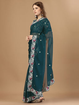 VAIRAGEE - Rangoli Silk Teal Saree Embroidery Heavy Embroidered with Unstitched Blouse