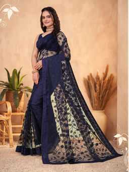 VAIRAGEE - Soft Net Navy Blue Saree Embroidery Work Mono Banglory with Unstitched Blouse