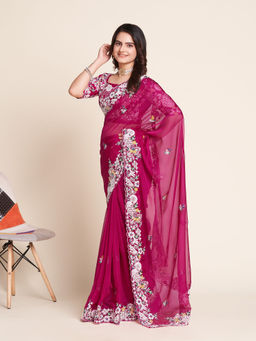 VAIRAGEE - Soft Organza Pink Saree Embroidery Work Heavy Work with Unstitched Blouse