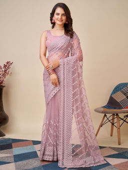VAIRAGEE - Soft Net Lavender Saree Embroidery Work Mono Banglory with Unstitched Blouse