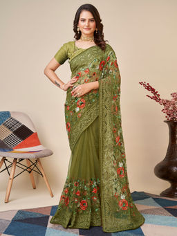 VAIRAGEE - Soft Net Green Saree Embroidery Work Mono Banglory with Unstitched Blouse
