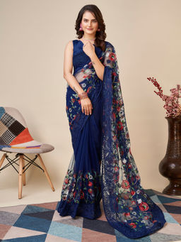 VAIRAGEE - Soft Net Navy Blue Saree Embroidery Work Mono Banglory with Unstitched Blouse
