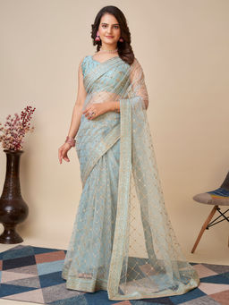 VAIRAGEE - Soft Net Blue Saree Embroidery Work Mono Banglory with Unstitched Blouse
