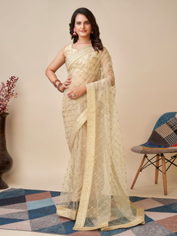VAIRAGEE - Soft Net Cream Saree Embroidery Work Mono Banglory with Unstitched Blouse