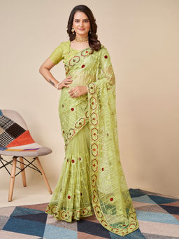 VAIRAGEE - Soft Net Green Saree Embroidery Work Mono Banglory with Unstitched Blouse