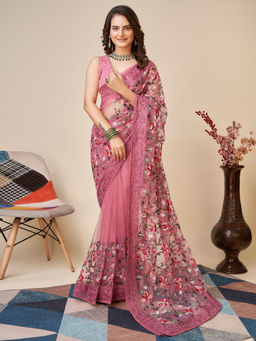 VAIRAGEE - Soft Net Pink Saree Embroidery Work Mono Banglory with Unstitched Blouse