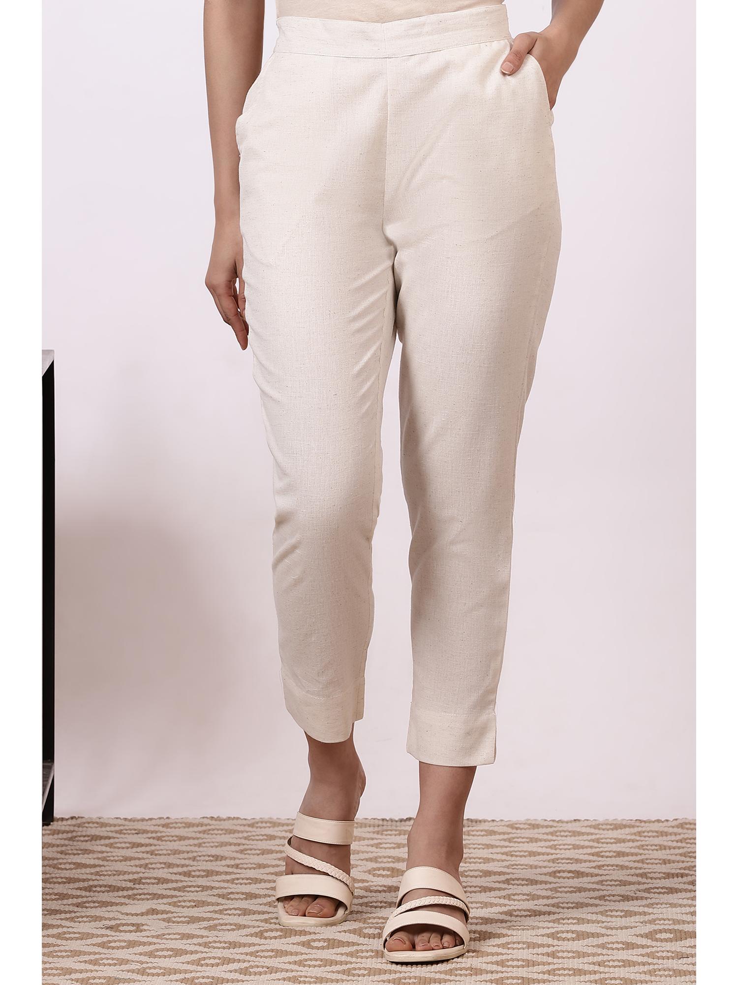 aurelia Women's Off-White Solid Cotton Flax Everyday Pant-picture-13