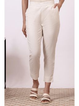 Aurelia - Women's Off-White Solid Cotton Flax Everyday Pant