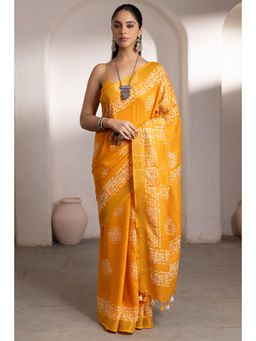 Soch - Women's Mustard Linen Batik Print Saree with Unstitched Blouse