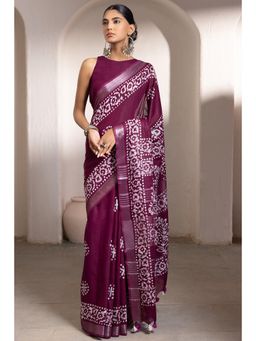Soch - Women's Wine Linen Batik Print Saree with Unstitched Blouse