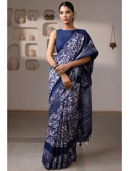 Soch - Women's Navy Blue Linen Batik Print Saree with Unstitched Blouse