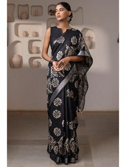 Soch - Women's Black Linen Batik Print Saree with Unstitched Blouse