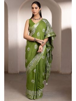 Soch - Women's Light Green Linen Batik Print Saree with Unstitched Blouse