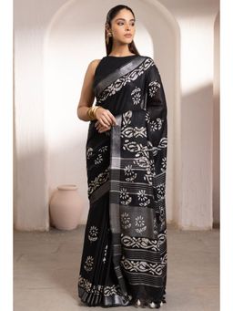 Soch - Women's Black Linen Batik Print Saree with Unstitched Blouse