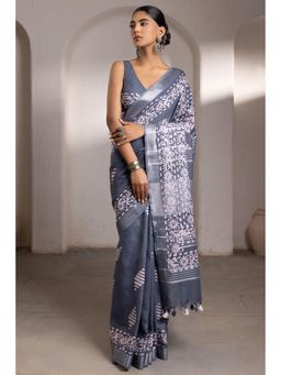 Soch - Women's Grey Linen Batik Print Saree with Unstitched Blouse