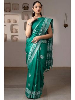 Soch - Women's Turquoise Blue Linen Batik Print Saree with Tassels with Unstitched Blouse