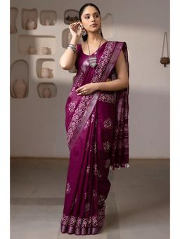 Soch - Women's Wine Linen Batik Print Saree with Unstitched Blouse