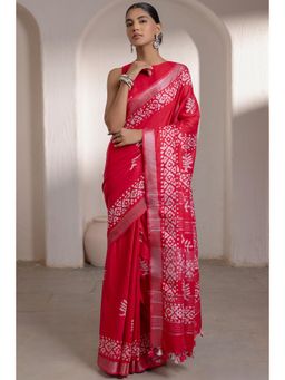 Soch - Women's Fuchsia Linen Batik Print Saree with Unstitched Blouse