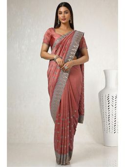 Soch - Women's Peach Tussar Embroidered Saree with Unstitched Blouse