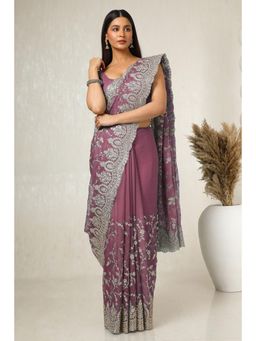 Soch - Women's Onion Pink Chiffon Embroidered Saree with Unstitched Blouse