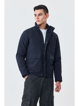 Snitch - Navy Blue Polyester Zipper Puffer Jacket