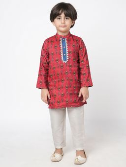 Lil Drama - Ethnic Twist Boys Red Print Kurta Pants (Set of 2)