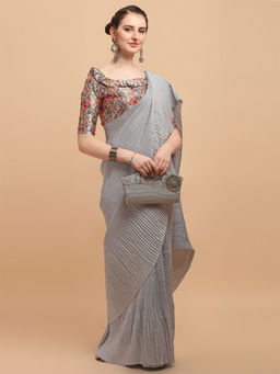 Amrutam Fab - Womens Japan Satin Pleated Grey Saree With Unstitched Blouse Piece