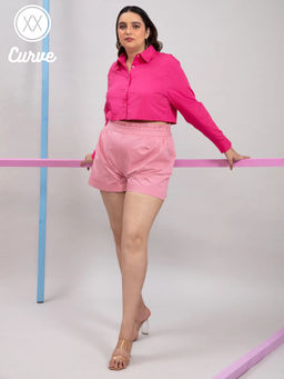Twenty Dresses by Nykaa Fashion - Curve Pink Solid Rolled Hem Elasticated Shorts